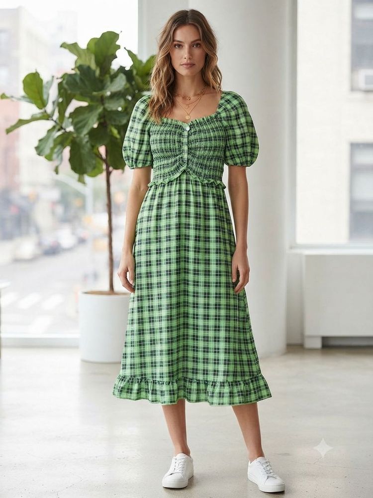 Green Plaid Button-Front Midi Dress