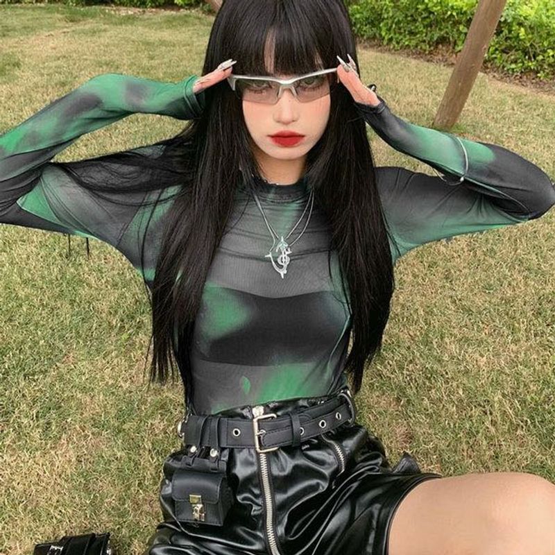 Y2k Edgy Abstract Green Mesh Long Sleeve Top