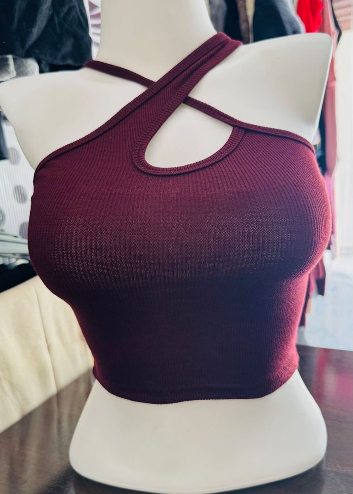 Burgundy Ribbed Halter Crop Top