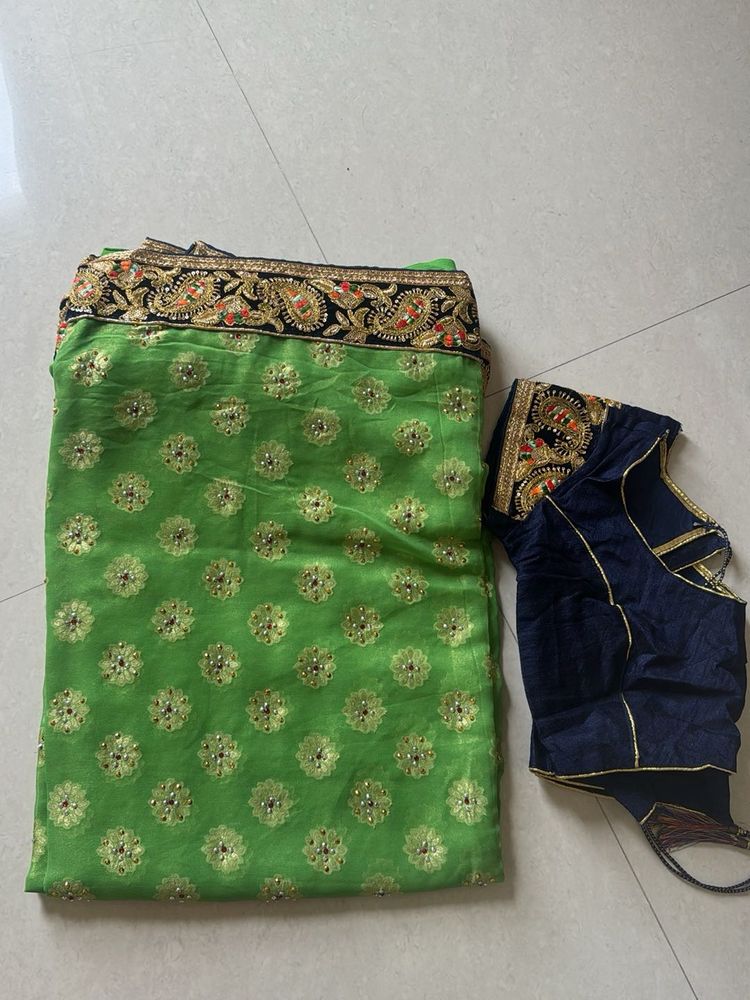 Green &amp; Navy Embellished Sari with Blouse