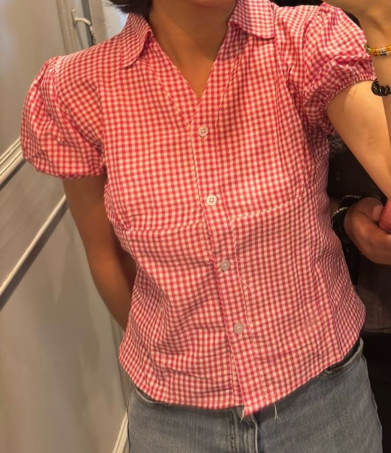 Red Gingham Puff Sleeve Top
