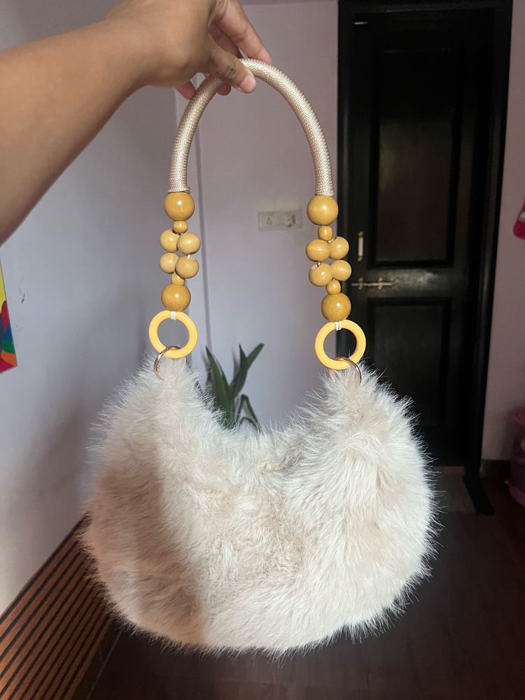 Fuzzy Cream Crescent Handbag