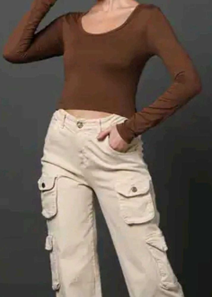 Brown Scoop Neck Long Sleeve Crop Top