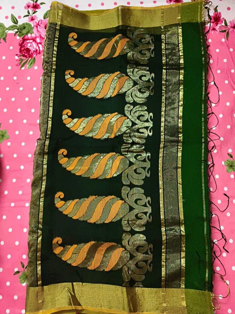 Elegant Green Cotton Silk Saree
