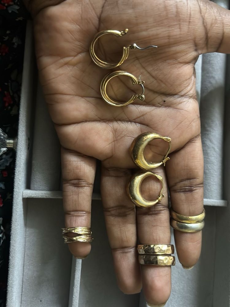 Gold Tone Hoop Earrings &amp; Rings Set