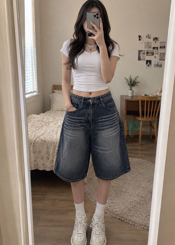 Vintage Wash Baggy Denim Shorts