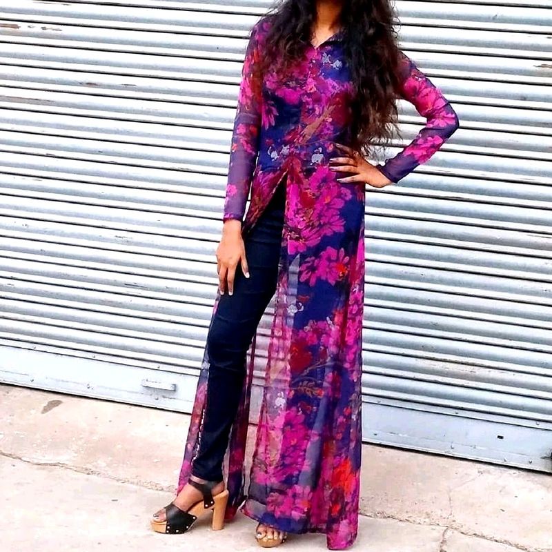 Purple Floral Front Slit Maxi Top
