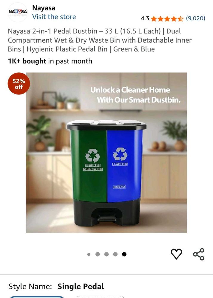 Nayasa 2-in-1 Pedal Dustbin - 33 L