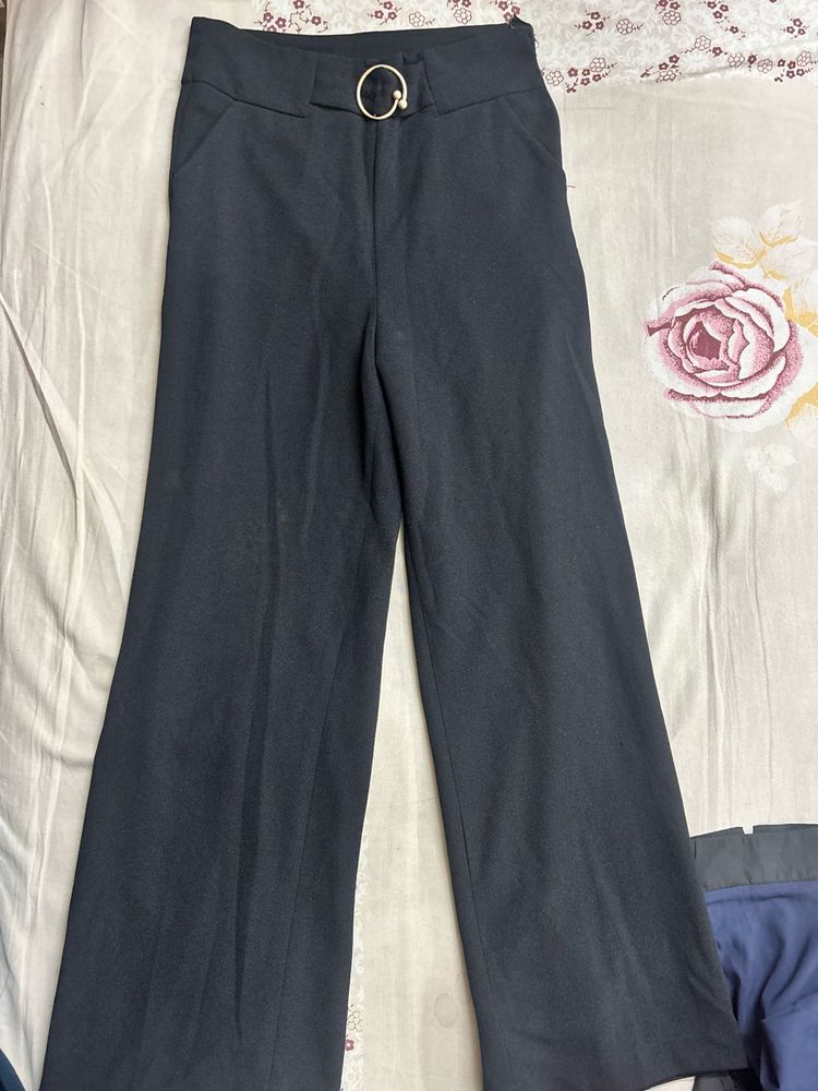 Black Wide Leg Trousers with Belt Detail