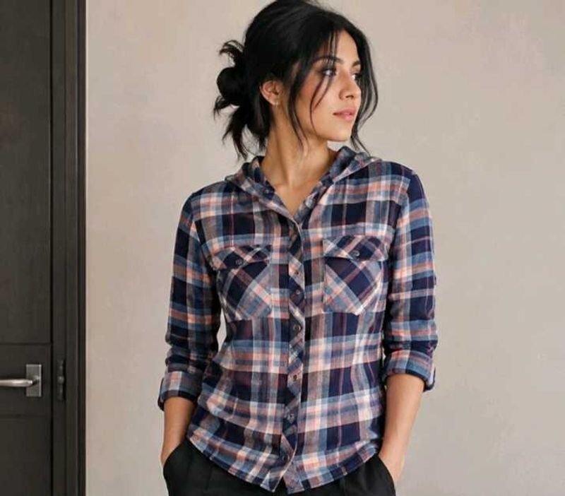 Women’s Navy Blue &amp; Peach Plaid Checkered Full-Sle