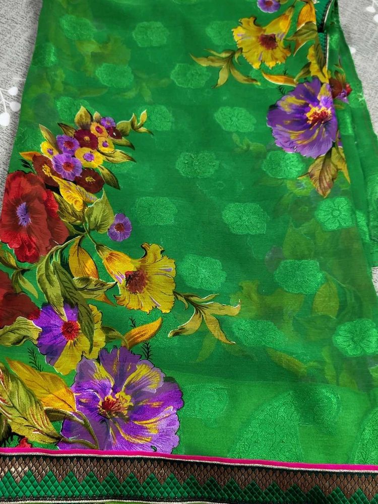 Vibrant Floral Print Green Saree