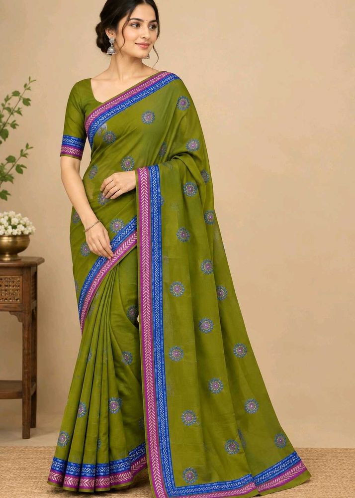 Elegant Olive Green Embroidered Saree