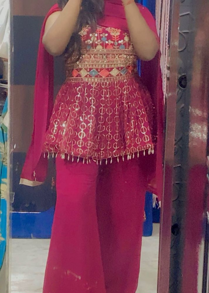 Pink Embroidered Peplum Kurti Set