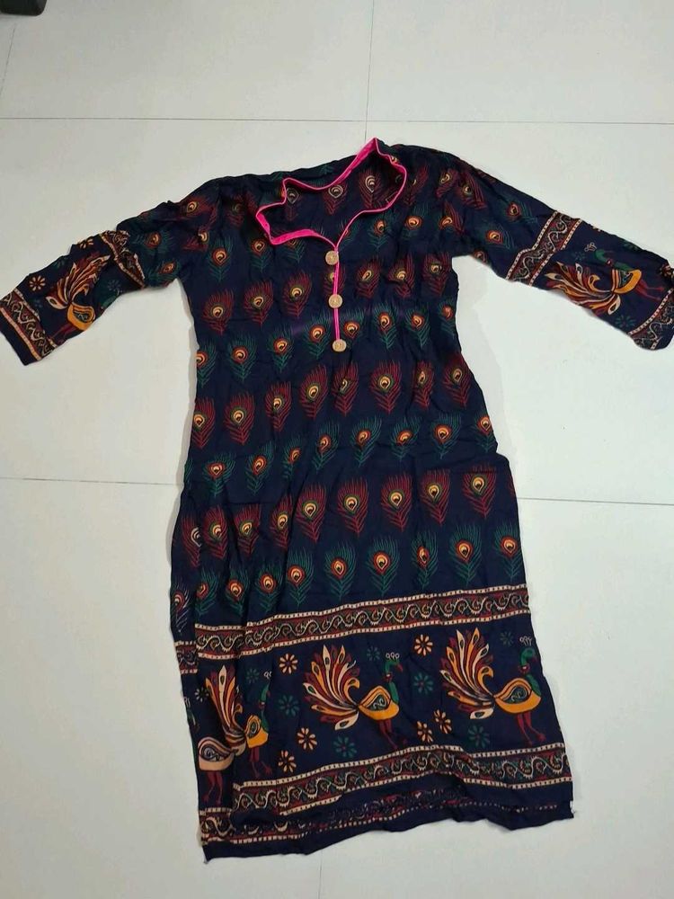Navy Blue Peacock Print Kurta