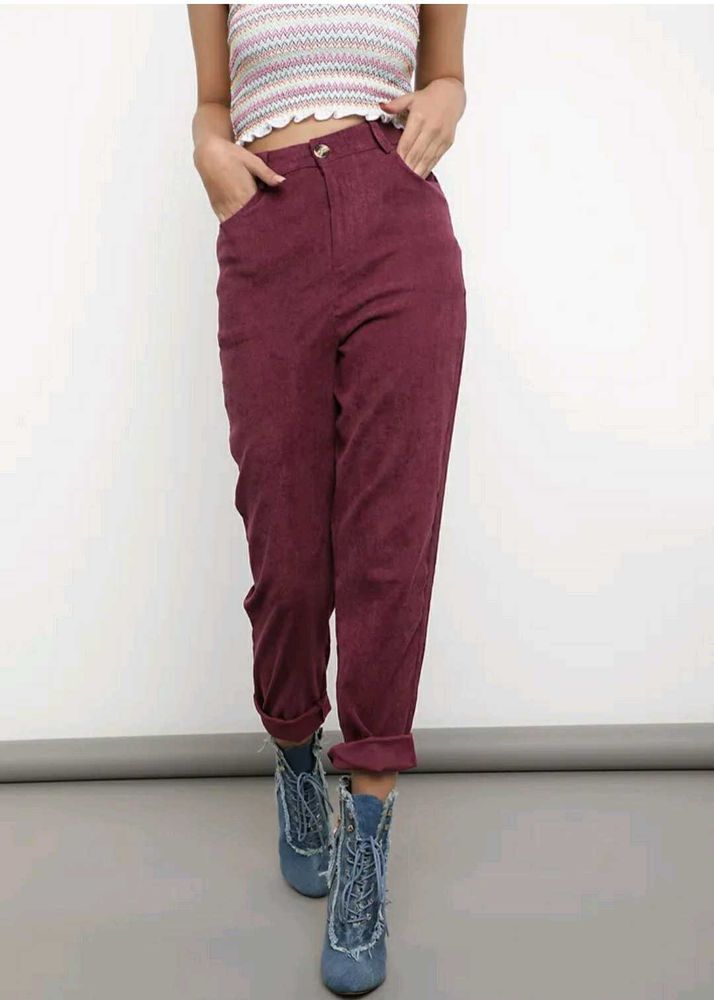 Burgundy Corduroy High-Waisted Pants