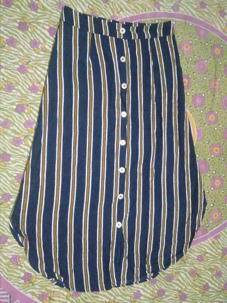 Striped Button-Front Midi Skirt
