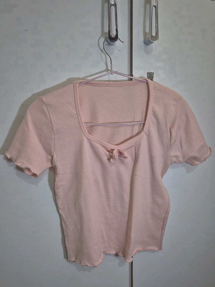 Cute Pink Ribbed Square Neck Top