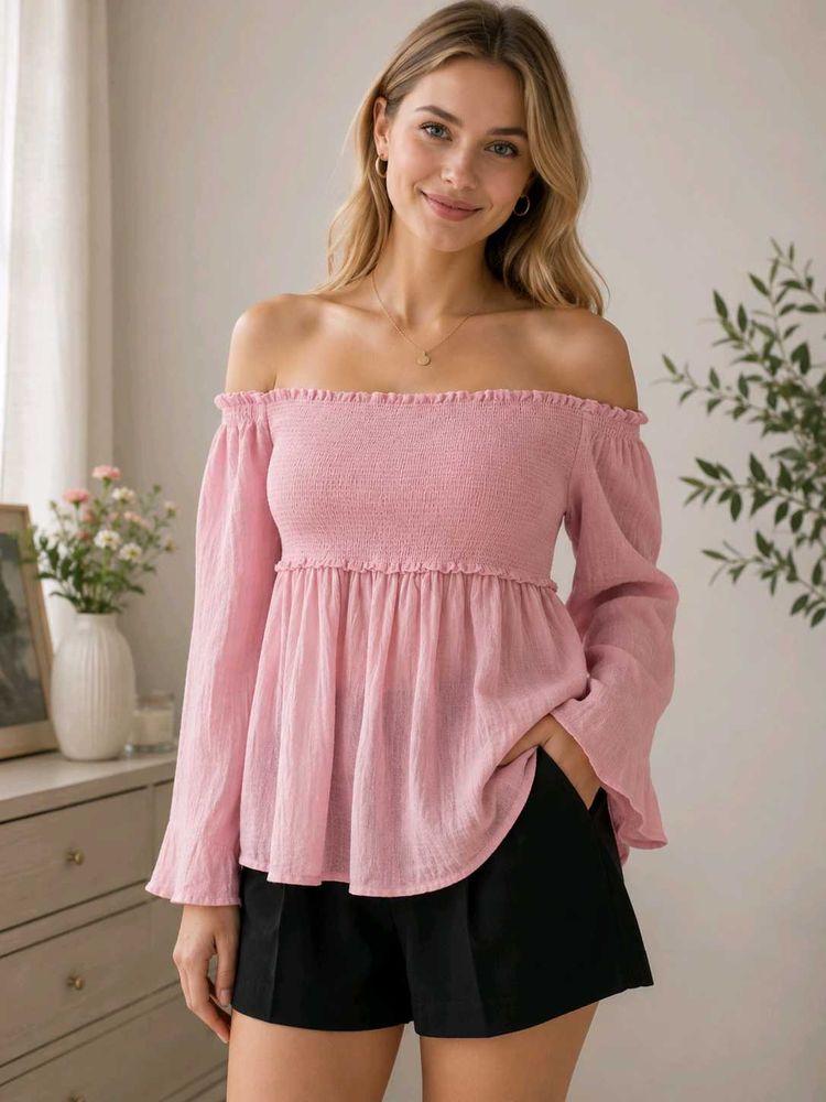Off-the-Shoulder Smocked Pink Top