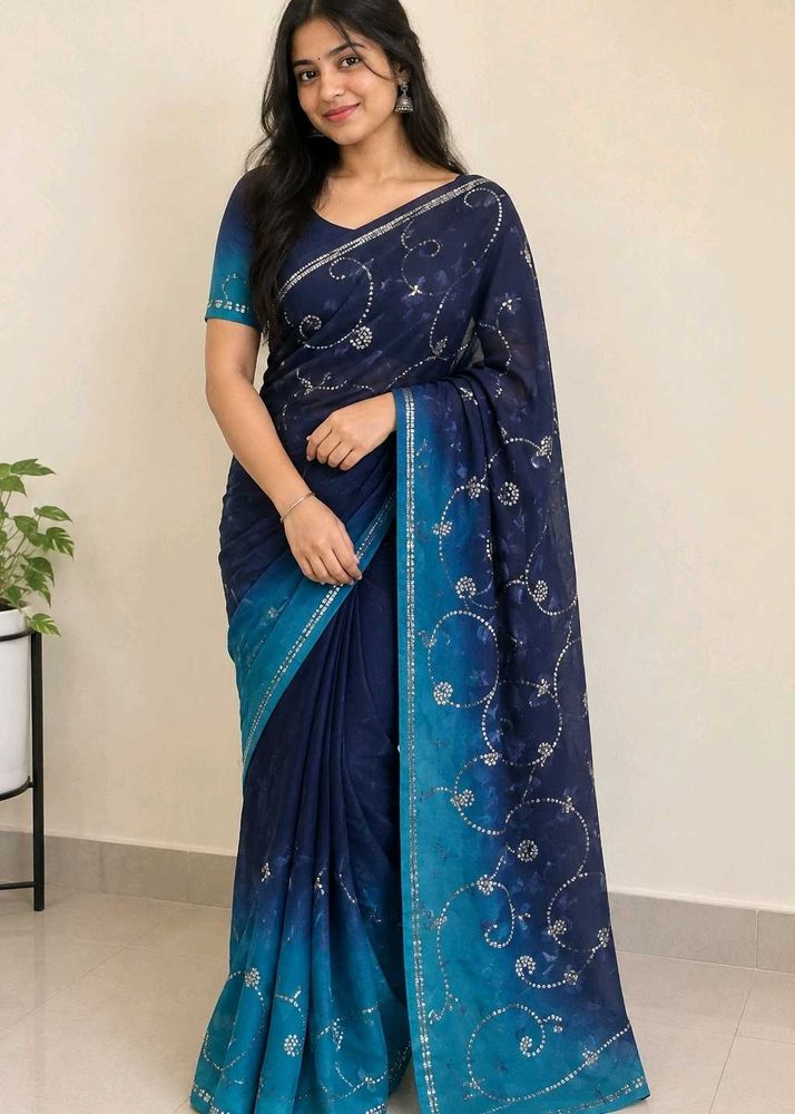 Elegant Blue Ombre Saree with Silver Embellishment