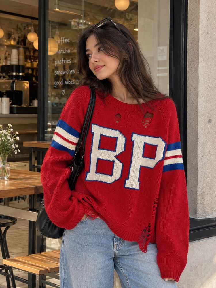 Shoop Distressed Red Knit Sweater