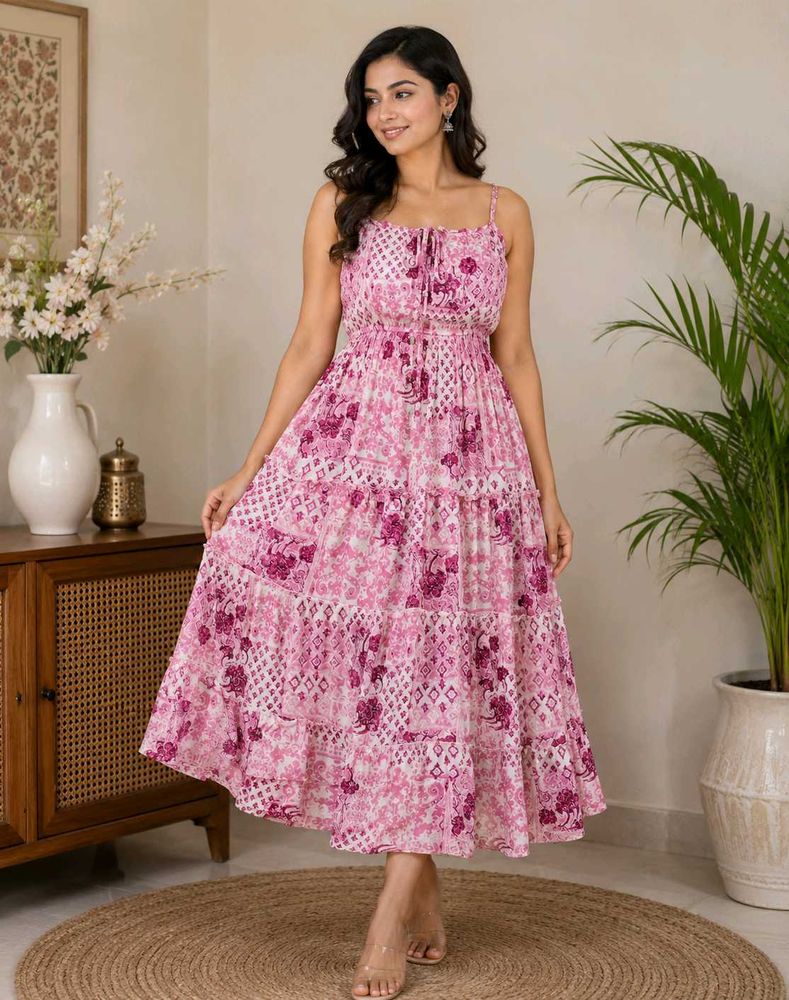 Flowy Pink Floral Tiered Maxi Dress