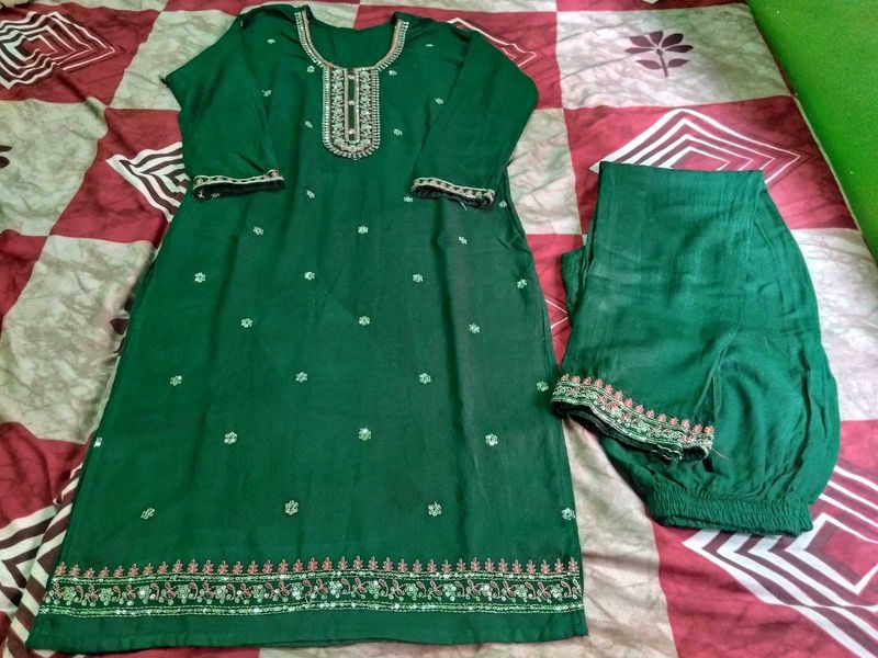Embroidered Green Kurta Set