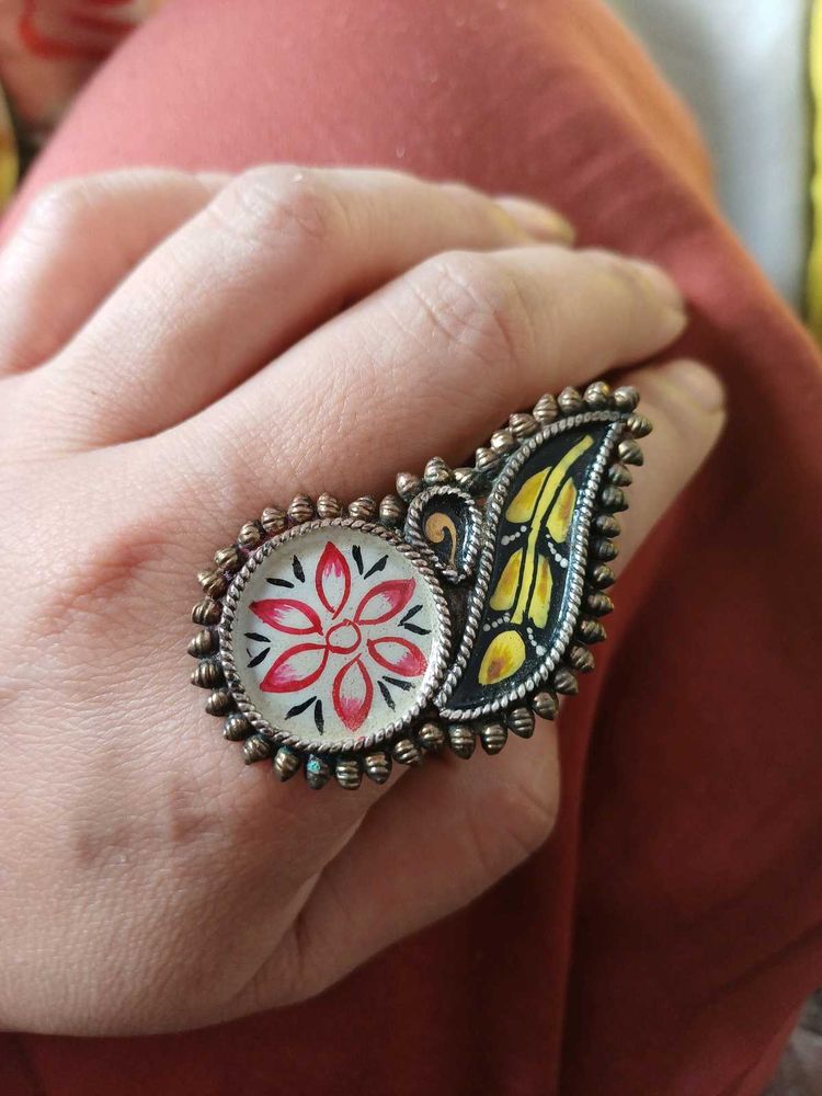 Boho brass Hand Painted Statement Ring