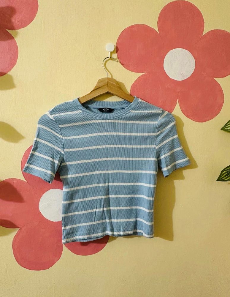 Blue &amp; White Striped Cropped T-Shirt
