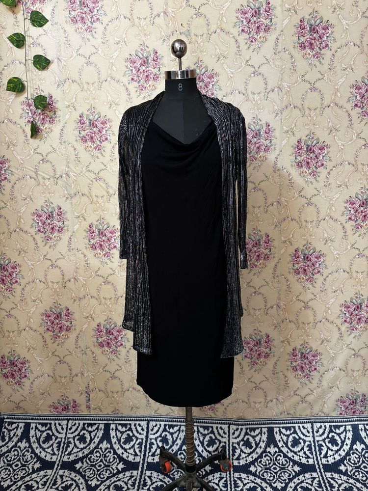 Chic Black Dress with Shimmer Cardigan