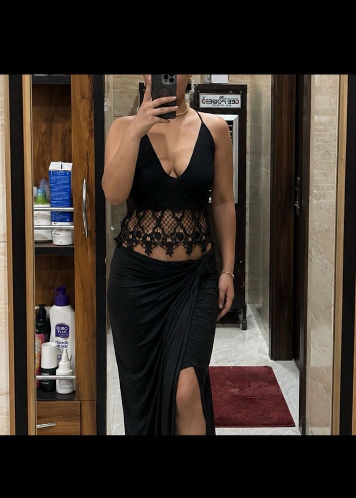 Black Lace Halter Neck Crop Top