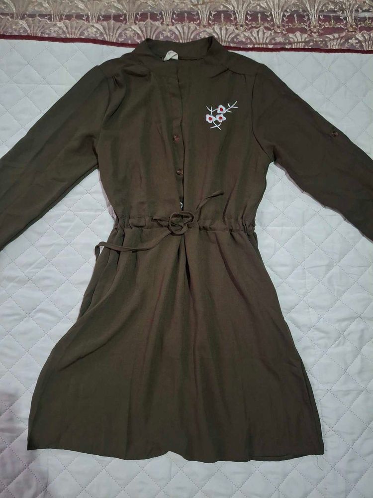 Olive Green Button-Up Dress with Floral Embroidery