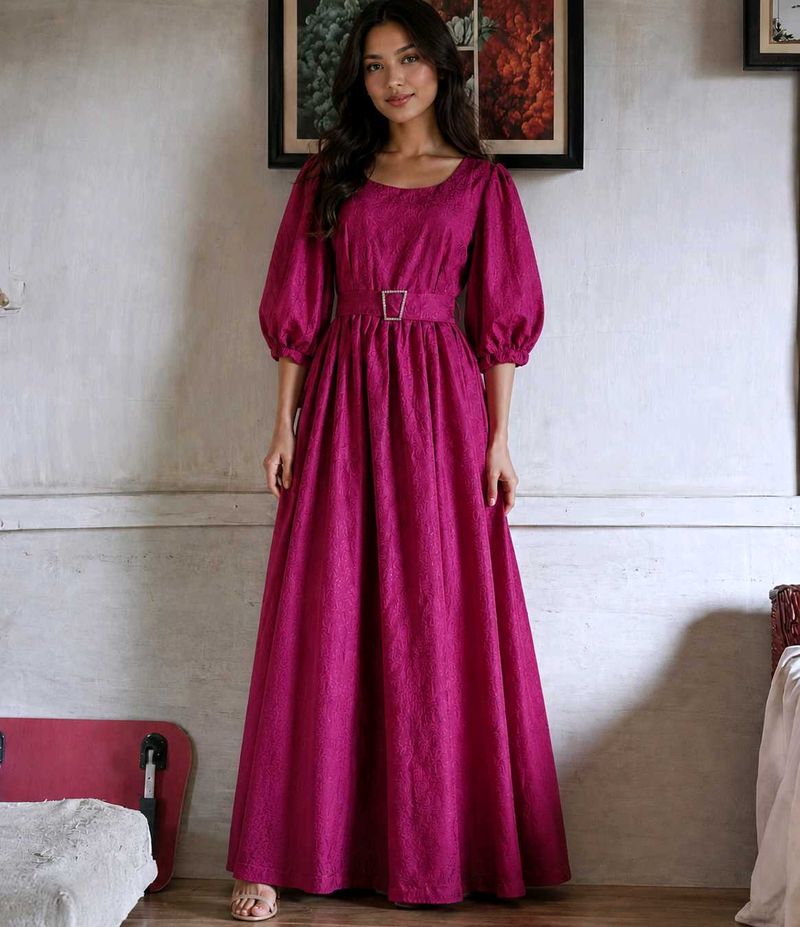 Elegant Magenta Maxi Dress with Puff Sleeves