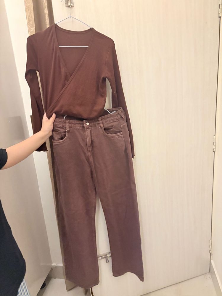 Brown V-neck Wrap Top &amp; Jeans waist 28