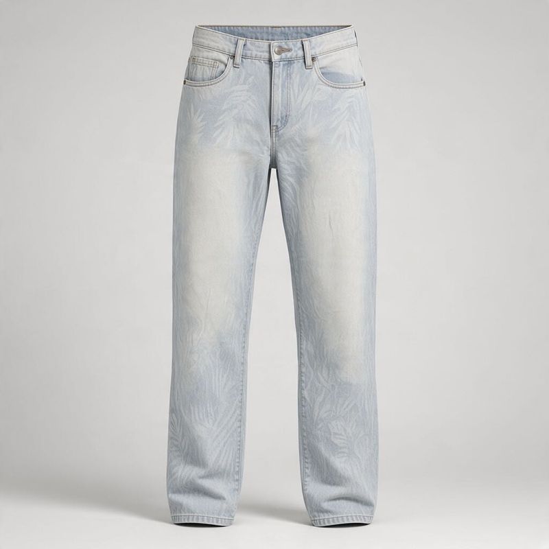 Light Wash Leaf Print Denim short Jeans