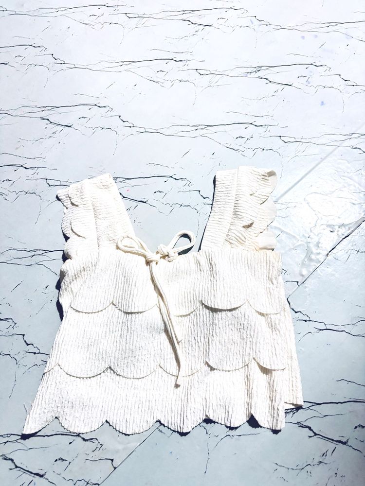 Cream Textured Scallop Crop Top