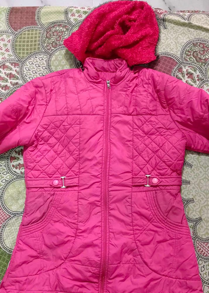 Pink Quilted Jacket with Hood