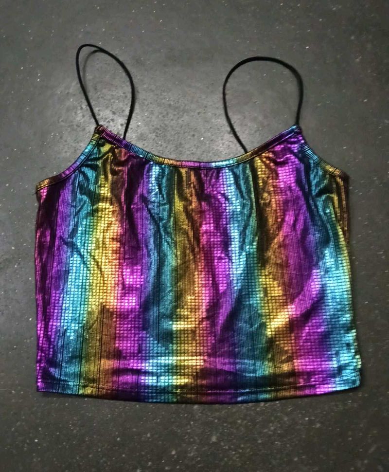Rainbow Metallic Spaghetti Strap Crop Top
