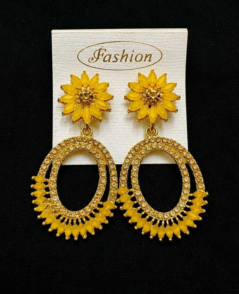Yellow Floral Oval Drop Earrings