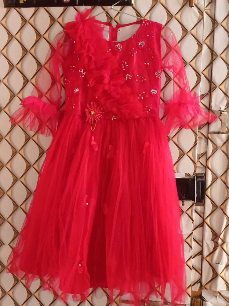 Red Party Dress with Net Sleeves