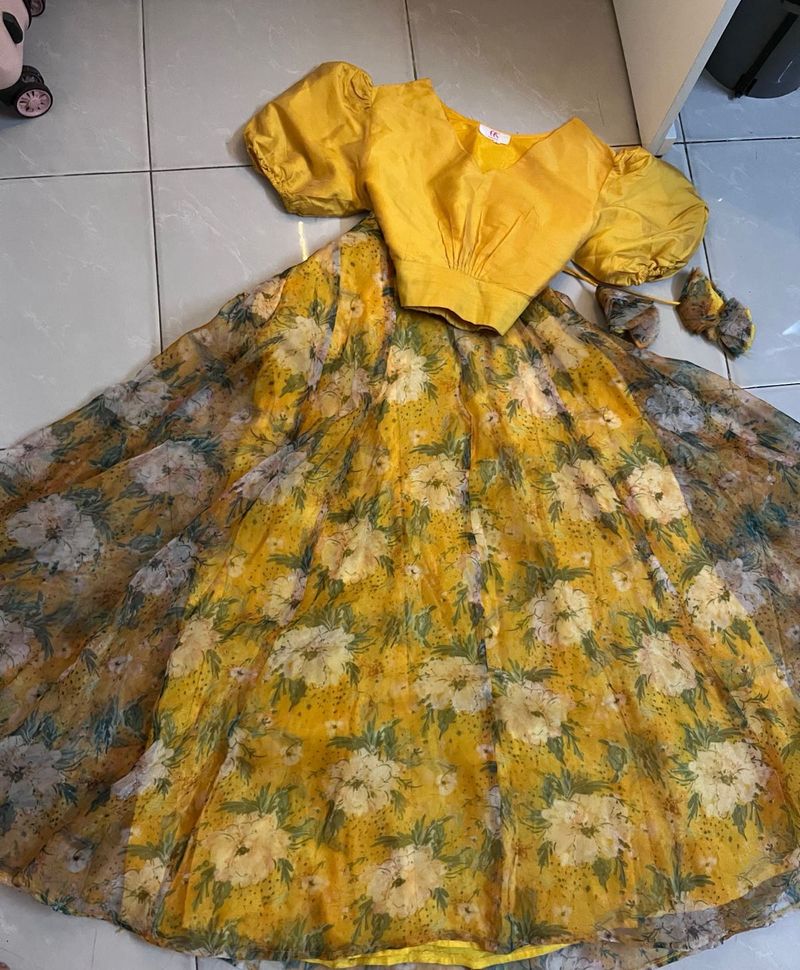 Yellow Floral Print Lehenga Choli Set