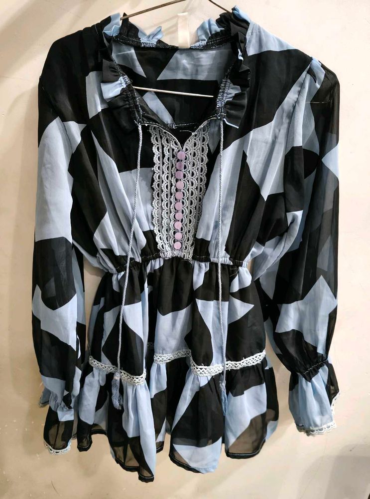 Sheer Geometric Print Ruffle top