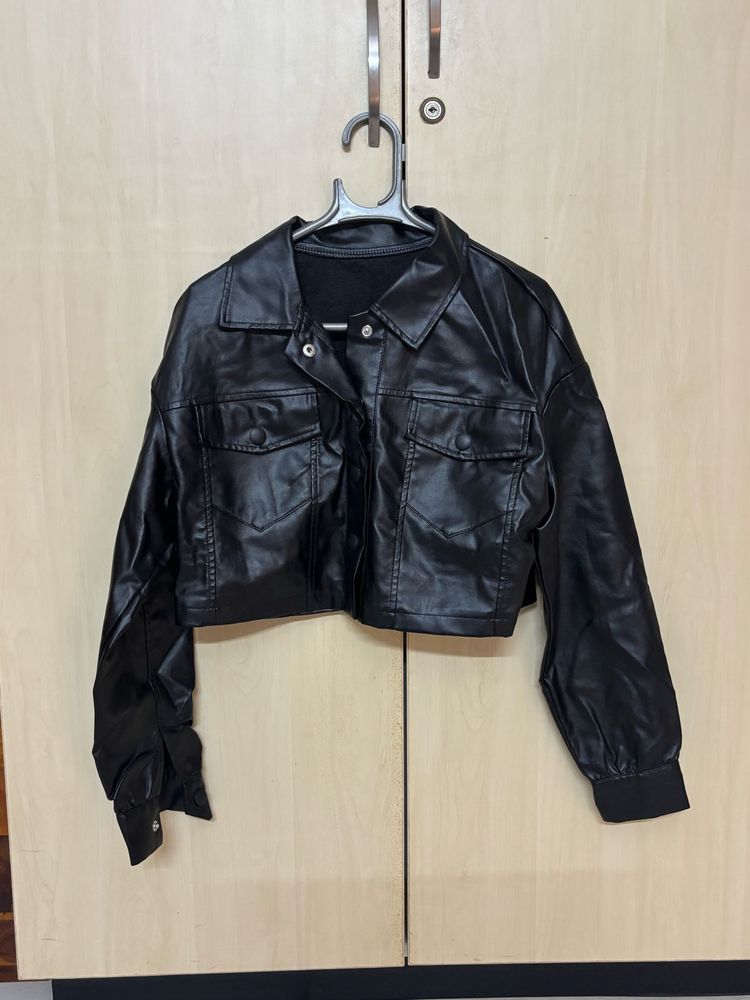 Black Faux Leather Cropped Jacket