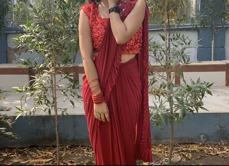 Red Sequined Blouse Saree