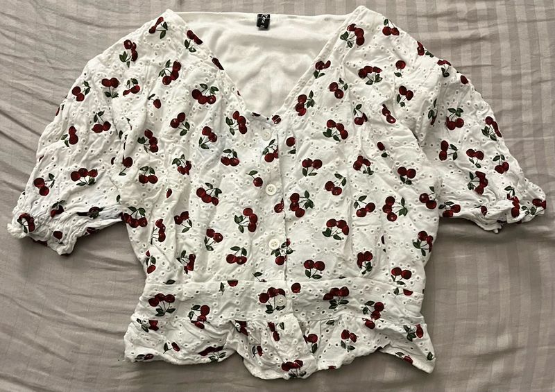 Cute Cherry Print Broderie Anglaise Top