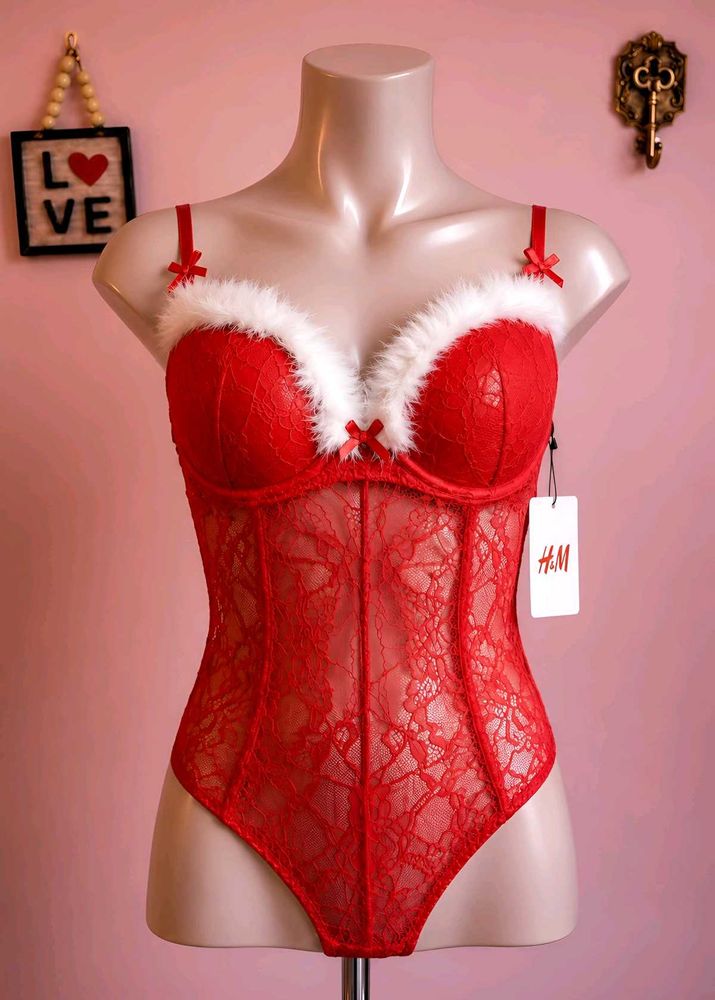 Red Lace Teddy with Fur Trim