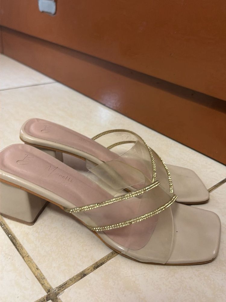 Stylish Nude Block Heels with Rhinestones