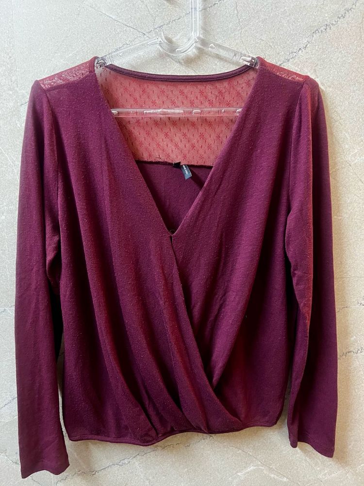 Burgundy V-Neck Wrap Top with Lace Detail