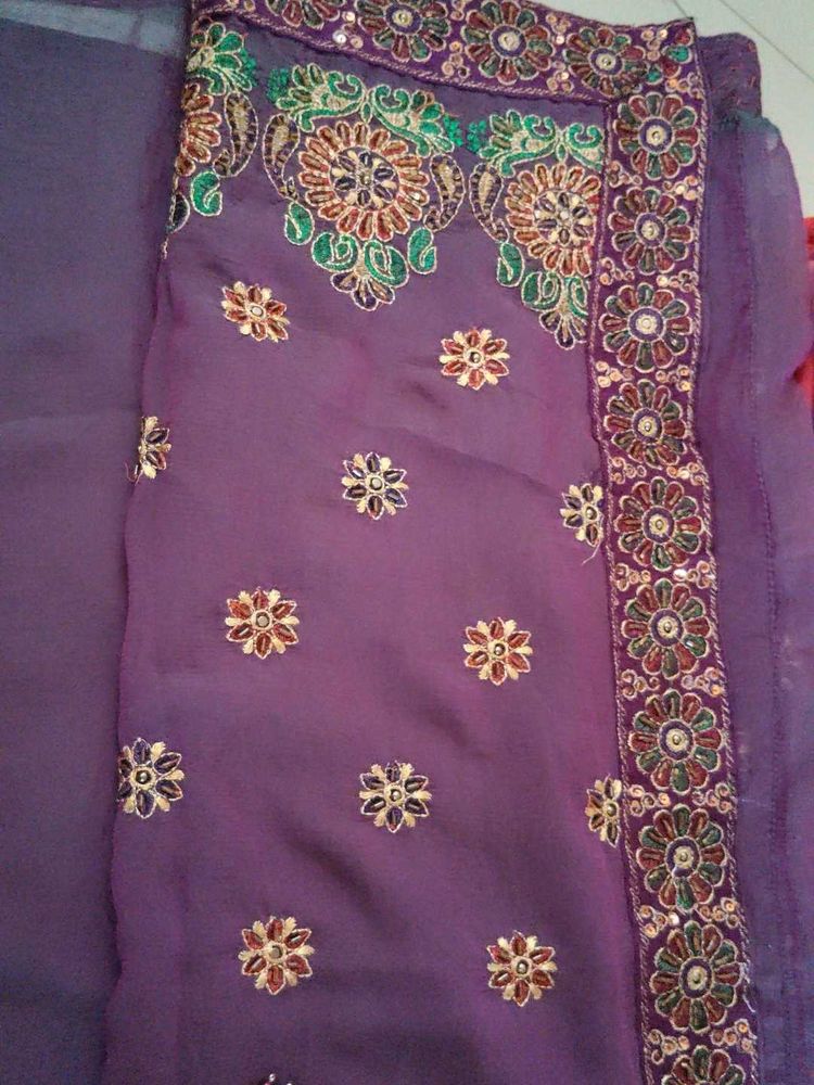 Embroidered Purple Saree with ready blouse