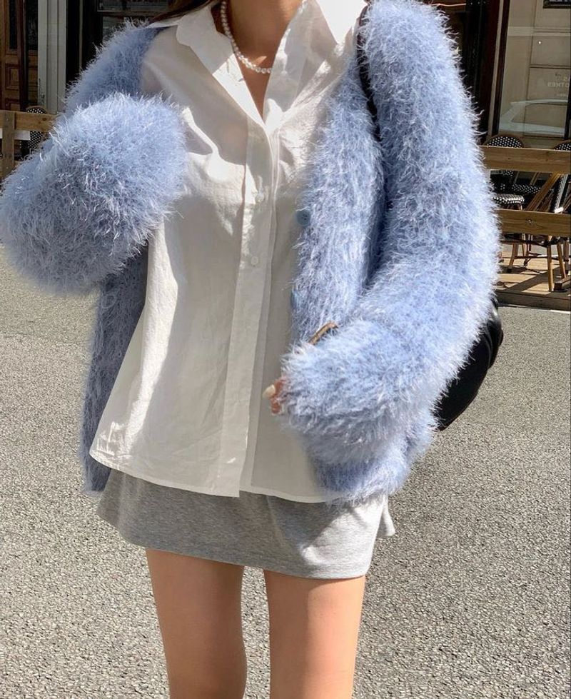 Blue Fuzzy Cropped Cardigan