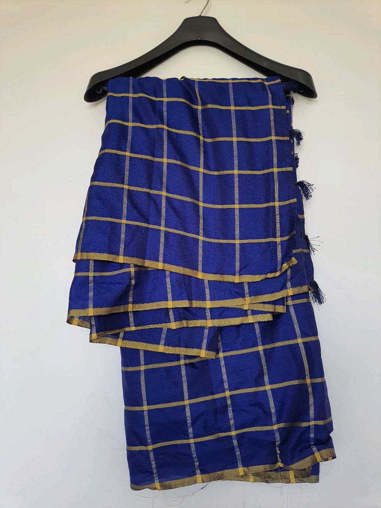 Elegant Blue Checked Silk Saree – Festive Wear